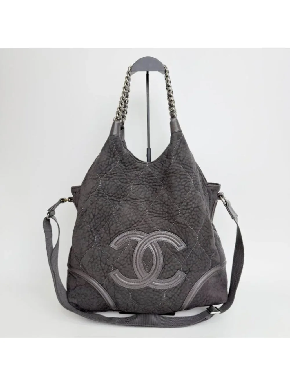 Chanel Sports Line CC Logo Chain Shoulder Bag Suede Leather Gray Silver Vintage